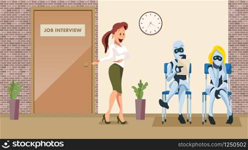 Two Robot Wait Job Interview in Office Corridor. Artificial Intelligence on Chair Hold Resume at Door. Worried Female Cyborg. HR Woman Invite Bot Candidate for Work. Flat Cartoon Vector Illustration. Two Robot Wait Job Interview in Office Corridor