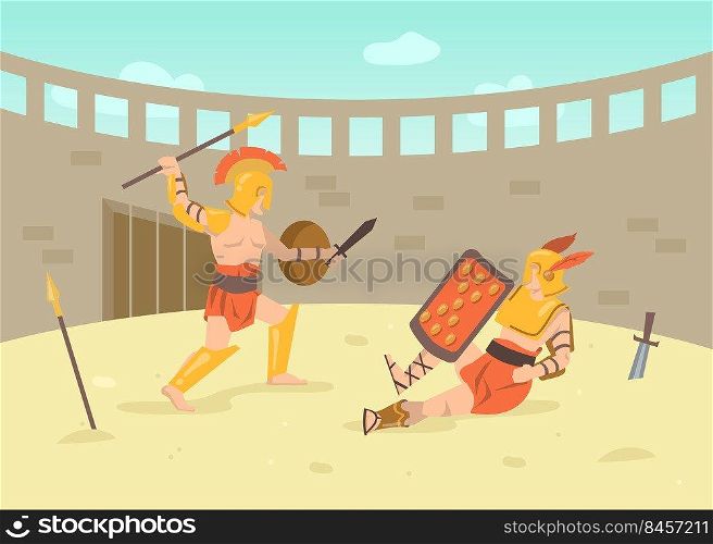 Two roman armored warriors fighting with swords on arena. Cartoon vector illustration. Gladiator fight in Colosseum battlefield of ancient Rome, Greece. Ancient history, culture, battle concept