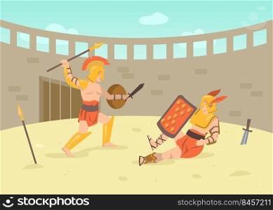 Two roman armored warriors fighting with swords on arena. Cartoon vector illustration. Gladiator fight in Colosseum battlefield of ancient Rome, Greece. Ancient history, culture, battle concept