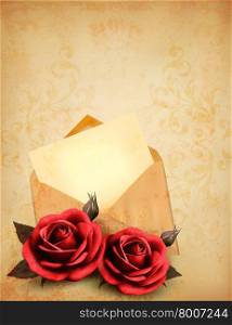 Two roses in front of an old envelope with a letter. Love letter concept. Vector.