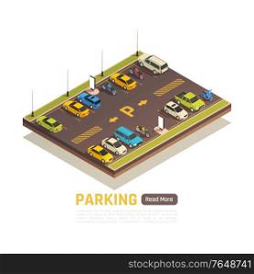 Two rows perpendicular bay parking with yellow road surface markings for cars motorcycles scooters isometric vector illustration