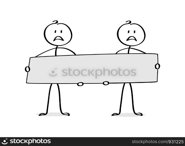 Two sad cartoon man holding a poster, a place for the text. Flat design.
