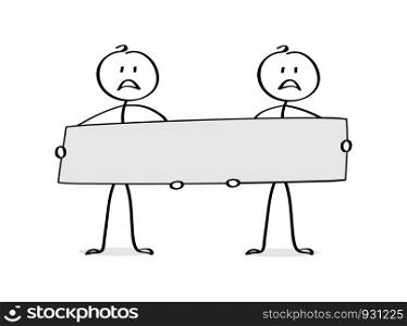 Two sad cartoon man holding a poster, a place for the text. Flat design.