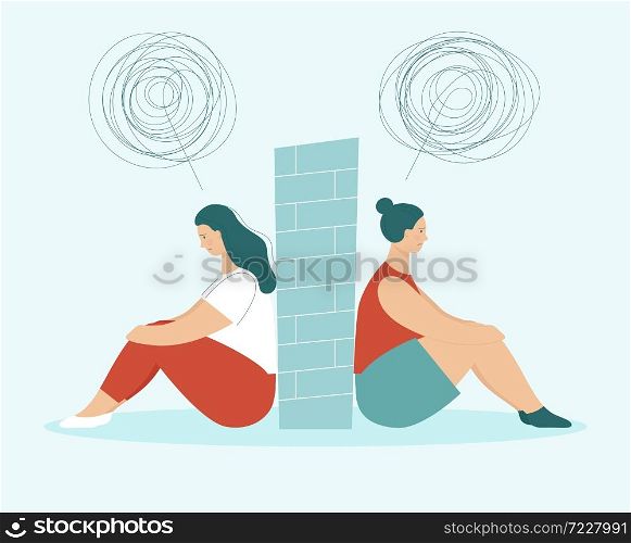 Two sad women in quarrel sitting back to back. Between them wall. Concept of problems in partnership, friendship and love relationships. LGBT couple. Flat vector illustration isolated.