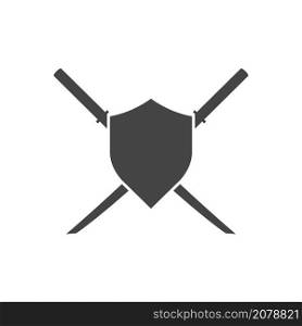 Two samurai crossed swords and shield isolated vector emblem. Ninja catana weapon. Black and white illustration.. Two samurai crossed swords and shield isolated vector emblem. Black and white illustration