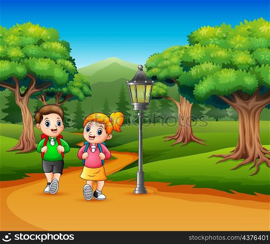 Two school children are walking on the road a forest