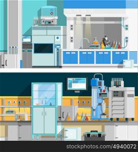 Two Science Laboratory Horizontal Banners . Two science laboratory horizontal banners with compositions of workspace for chemical experiments in modern interior flat vector illustration