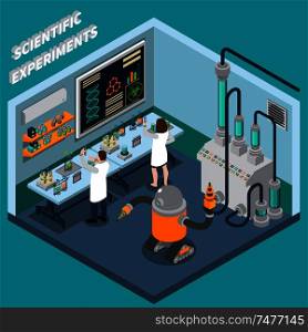 Two scientists working in laboratory with robot and various equipment 3d isometric vector illustration