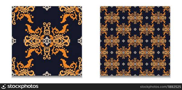 Two seamless patterns of vintage patterns. Set of vector damask patterns. Blue, orange color. For fabric, tile, wallpaper or packaging. Vector graphics.