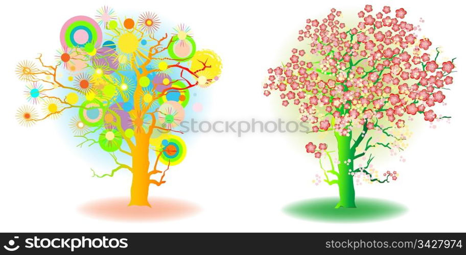 two seasons trees, spring and summer, artistic icons