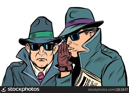 Two secret agents whispering. Comic cartoon pop art retro vector illustration drawing. Two secret agents whispering