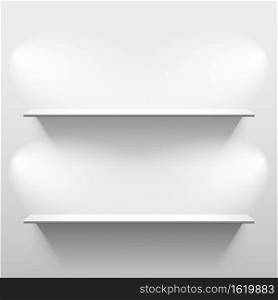 Two shelves on the wall with light and shadow in empty white room