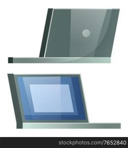 Two sides of view on laptop, opened electronic device. Portable, personal computer used for work and study, office and school. Object isolated on white background, vector illustration in flat style. Two Sides of View on Electronic Device, Laptop