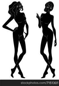 Two silhouette of abstract slender and sensual women, hand drawing outline