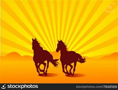 Two silhouetted horses gallop in Prairie