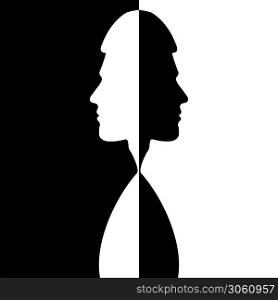 Two silhouettes of a male head are turned away from each other on a black and white background. Stock illustration