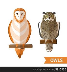 Two sitting owls front view flat decorative emblems set isolated vector illustration. Owls Front Set