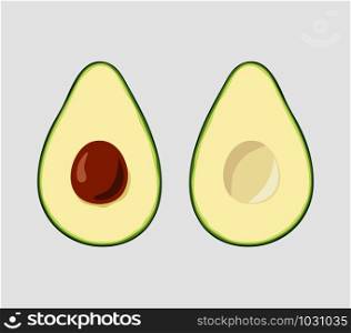 Two slices of avocado with a bone. Color drawing of avocado.