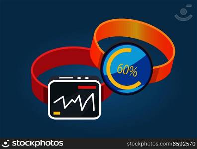 Two smart watches red and yellow colors flat design on blue background. One smartwatch displaying heartbeats and other phone smart watch with download update. Vector illustration in cartoon style.. Smart Watches Red and Yellow Colors Flat Style
