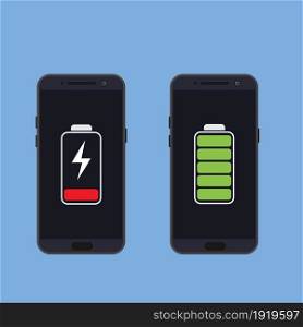 Two smartphones with energy level icons, low battery and charged full. Vector illustration in flat style. Two smartphones with energy level icons