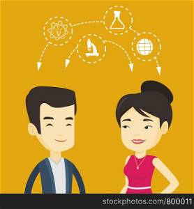 Two smiling asian students sharing with the ideas during brainstorming. Young happy students brainstorming. Concept of brainstorming in education. Vector flat design illustration. Square layout.. Students sharing with the ideas.