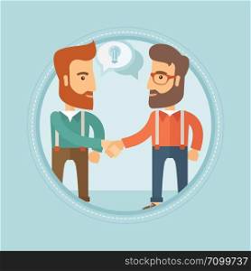 Two smiling caucasian hipster businessmen with the beards shaking their hands to launch a new venture based on a brilliant idea. Vector flat design illustration in the circle isolated on background.. Two businessmen launching new business.