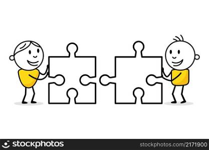 Two smiling stick figures holding puzzle elements. Hand drawn doodle men. Business concept with funny stickman. Vector stock illustration.