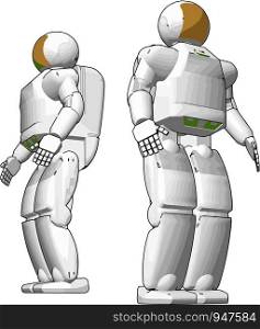 Two space astronaut toys looking so reliable in their full uniform vector color drawing or illustration