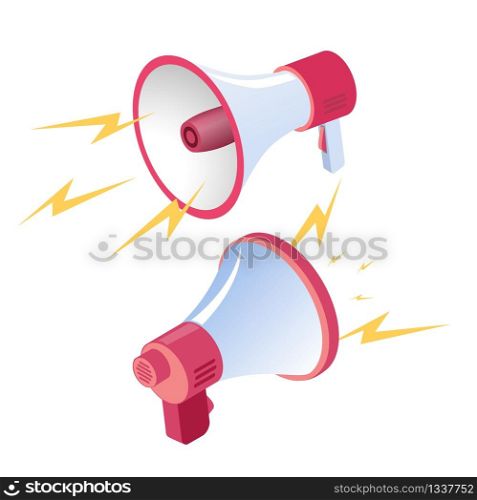 Two Speakers Loudspeaker Working at Full Power. Cartoon Vector Illustration White Background. Handheld Portable Tool to Enhance Sound, Used Crowded Places. Loud Voice Announcement Message for Public