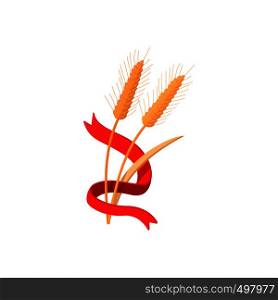 Two stalks of ripe barley with red ribbon cartoon icon on a white background. Two stalks of ripe barley with red ribbon icon