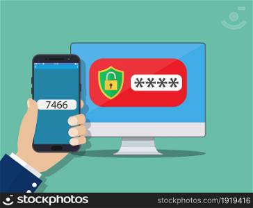 Two step authentication on smartphone cellphone and computer safety login or signin, two steps verification via mobile phone and pc clipart. Vector illustration in flat style. Two step authentication on smartphone