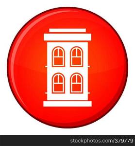 Two-storey house with large windows icon in red circle isolated on white background vector illustration. Two-storey house with large windows icon