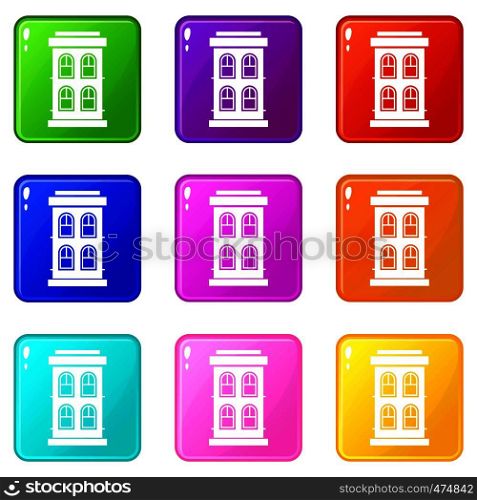 Two-storey house with large windows icons of 9 color set isolated vector illustration. Two-storey house with large windows icons 9 set