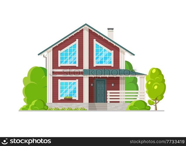 Two-storey house with wood plank facade. Home exterior with porch terrace with wooden railings, white and red plank walls, green trees, flowerbed on front yard. Rural bungalow or vector chalet. Two-storey house exterior with wood plank facade