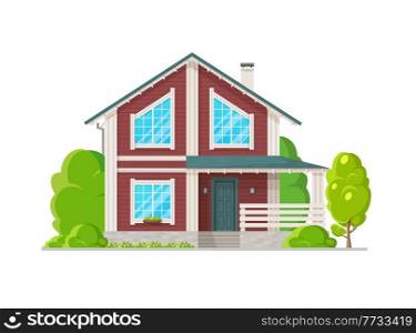 Two-storey house with wood plank facade. Home exterior with porch terrace with wooden railings, white and red plank walls, green trees, flowerbed on front yard. Rural bungalow or vector chalet. Two-storey house exterior with wood plank facade