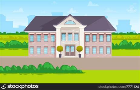 Two-story building with blue windows and roof in green landscape. Trees in pots next to front door. Large and nice nursing home with garden. House for retirees and disabled people, brick construction. Two-story building with blue windows and roof in green landscape. Large nursing home with garden