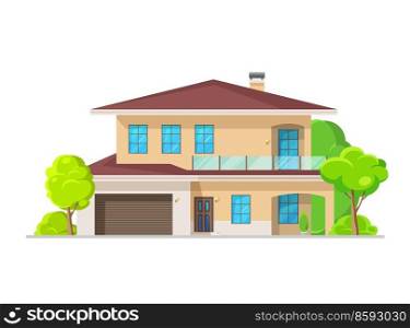 Two-story residential house exterior with terrace and garage. Neighborhood villa building, flat vector modern home facade. Suburban real estate property mansion, classic house. Two-story house exterior with terrace and garage