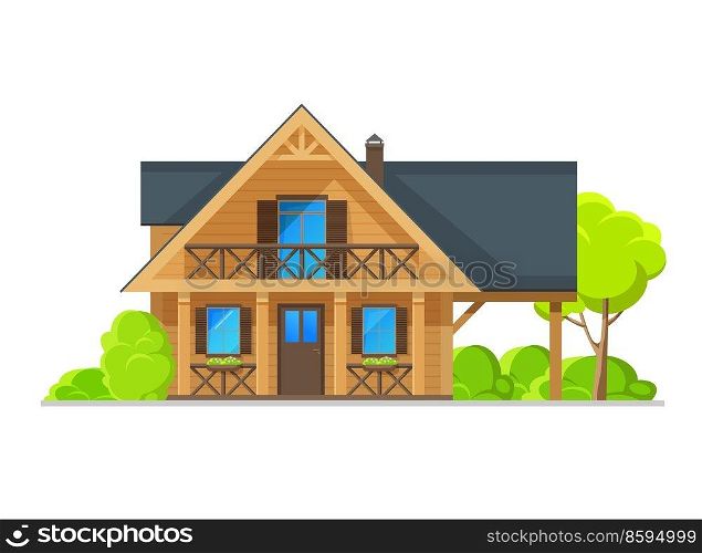 Two story residential house with wood plank facade, vector home building of real estate property architecture. Suburban wooden cottage, bungalow or cabin with balcony, open terrace, window shutters. Two story residential house with wood plank facade