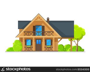 Two story residential house with wood plank facade, vector home building of real estate property architecture. Suburban wooden cottage, bungalow or cabin with balcony, open terrace, window shutters. Two story residential house with wood plank facade