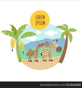 Two striped zebras stand under palm trees. The African animals. Vector illustration. Isolated on a white background.