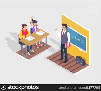 Two Students Boy and Girl Sit at Desk, Teacher Stand. Two students boy and girl sitting at desk with open textbooks and teacher standing near blackboard at grammar lesson vector illustration with shadow