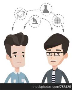 Two students sharing with the ideas. Students studying together and arrows with school icons between them. Young students brainstorming. Vector flat design illustration isolated on white background.. Students sharing with the ideas.