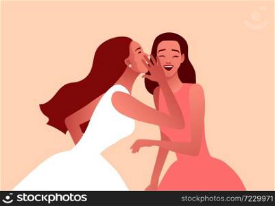 Two stylish model girls gossiping vector illustration. One excited blond girl whispers private secret or rumours to her friend. Pastel pale colors.