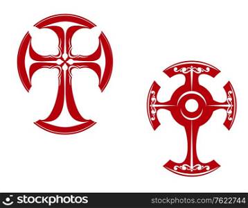 Two stylized crosses with curved ends, one in a Celtic style with floral decoration