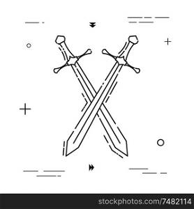 Two swords were crossed, in a linear style. Linear icon. Isolated on white background. Vector illustration.