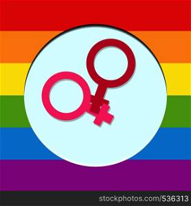 Two symbols of the feminine in a white circle with backgrounds in the colors of LGBT