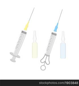Two syringes and two ampoules with serum. Disposable syringe with needle and ampoule with yellow liquid. Syringe for flushing cavities. Vial with blue liquid. Isolated vector EPS10.