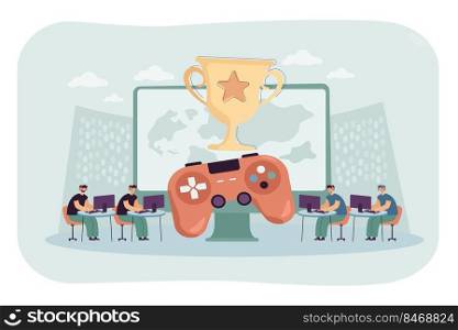 Two teams on sides playing virtual computer games with large screen, console and cup between them. Esports ch&ionship flat vector illustration. Entertainment, online competition, team work concept 