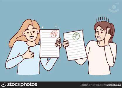 Two teen girls demonstrate sheets paper with positive and negative mark for completing exam task. Happy and upset female students share final test results for college admissions. Flat vector design . Two girls demonstrate paper with positive and negative mark for final test results. Vector image