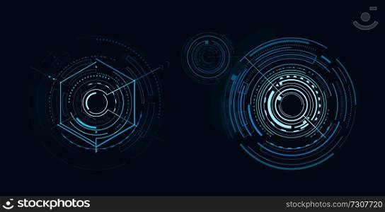 Two templates of bright interface geometric banner vector illustration with lot of shapes, different lines, squares and dots isolated on dark backdrop. Two Templates of Bright Interface Geometric Banner